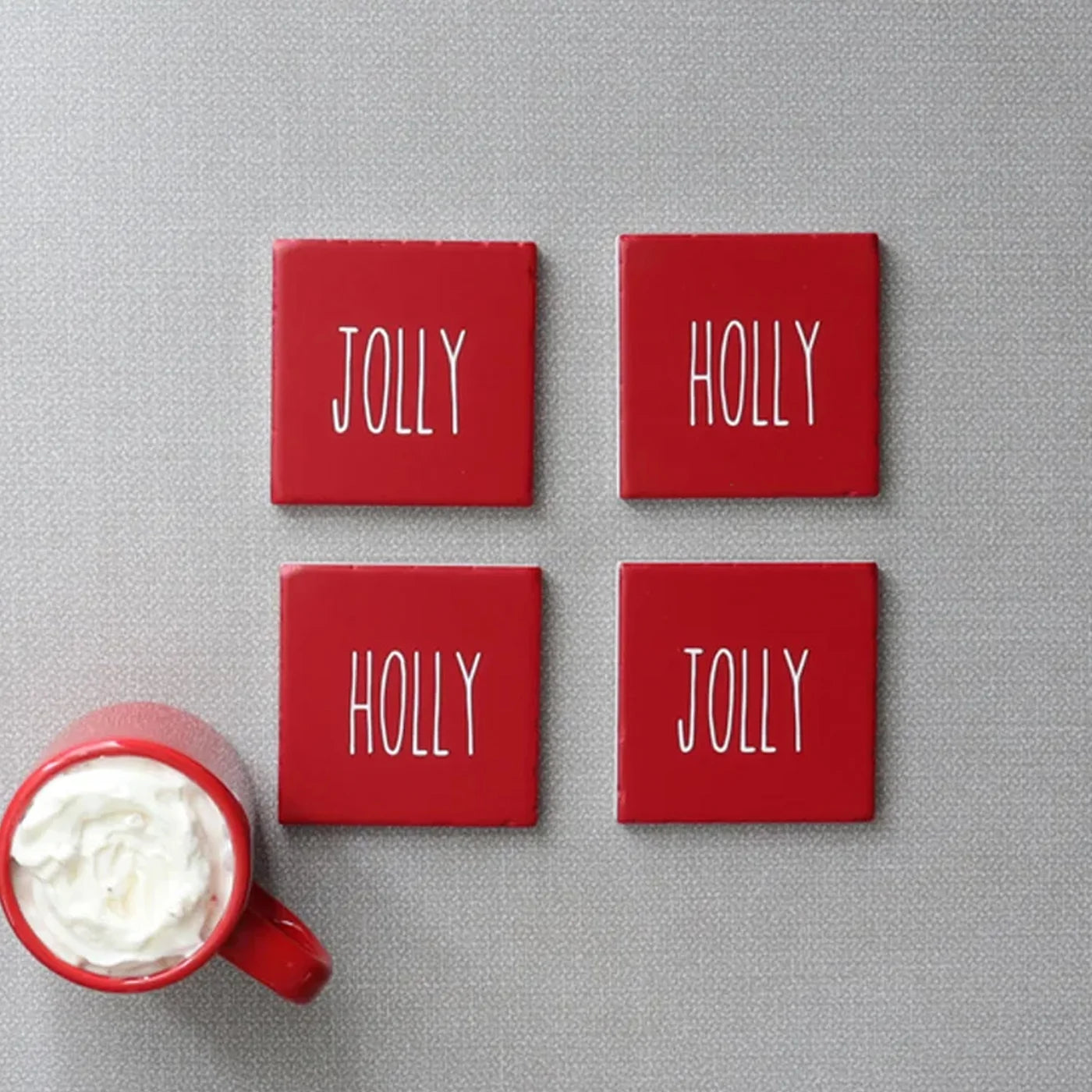 Red Ceramic Holly Jolly Coaster Set of 4