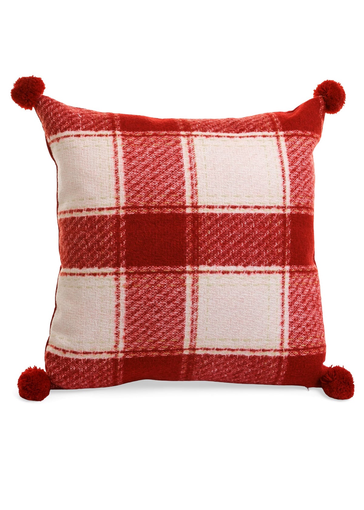 Red White Plaid Pillow with Poms