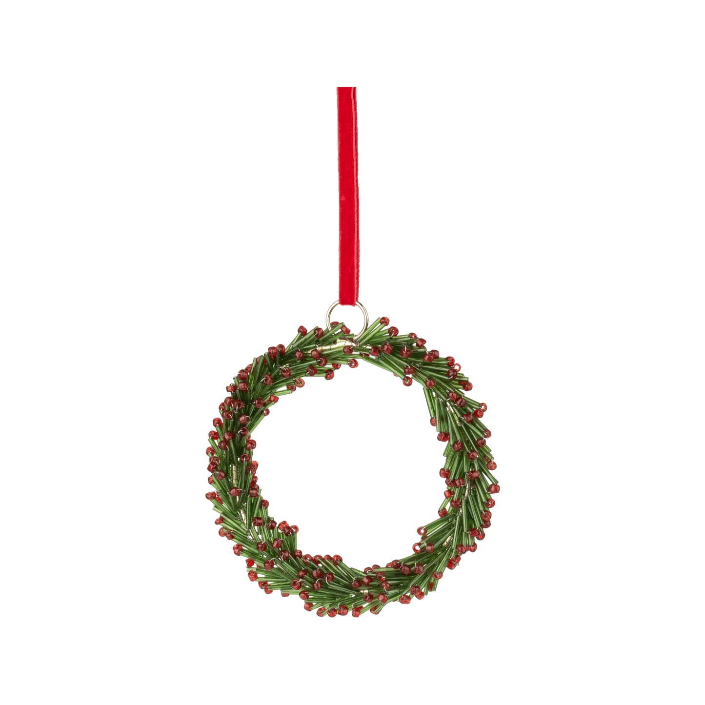 Glass Bugle Bead Wreath Ornament, Green with Red Berries