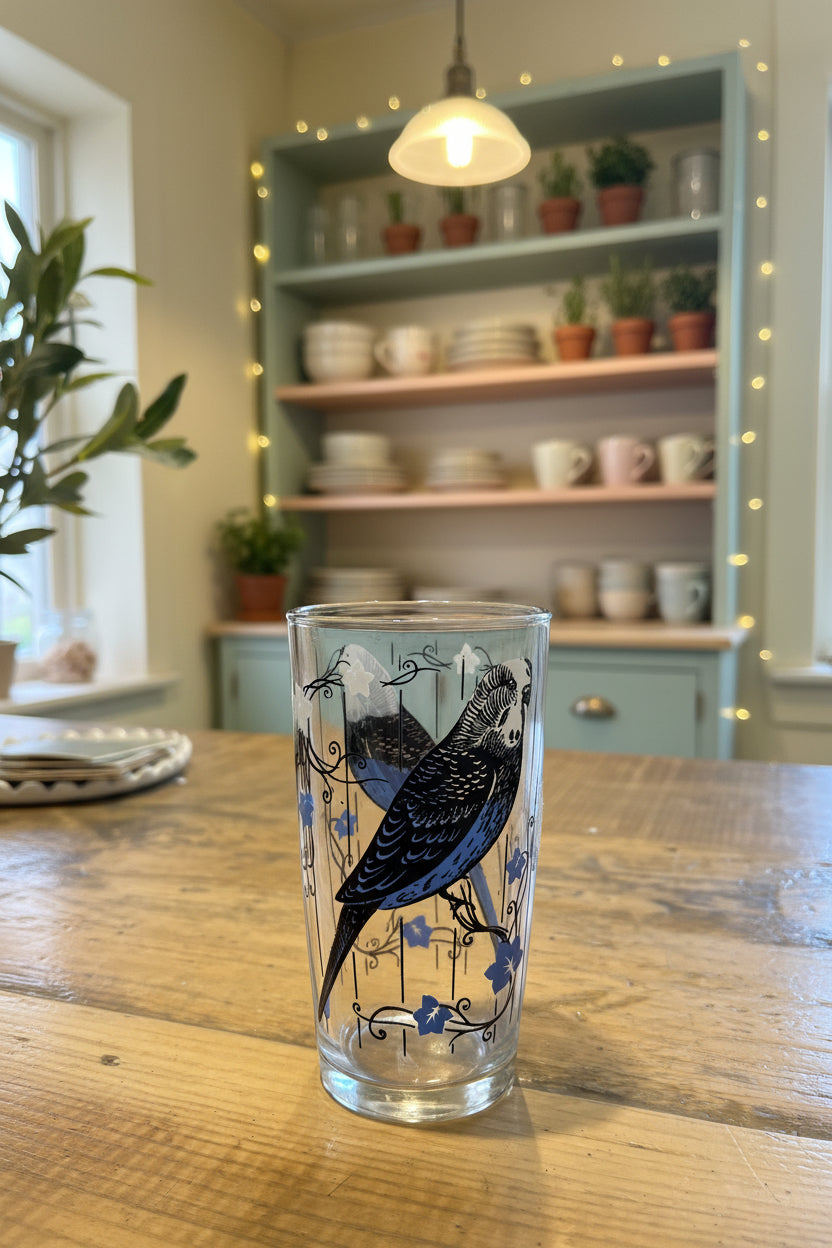 Glass tumbler with a bird design on a wooden surface