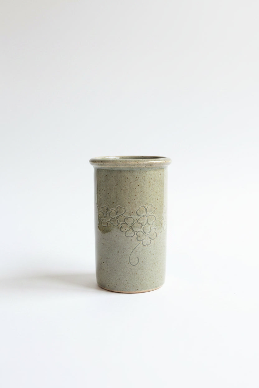 Vintage Speckled Pottery Vase Etched Flowers