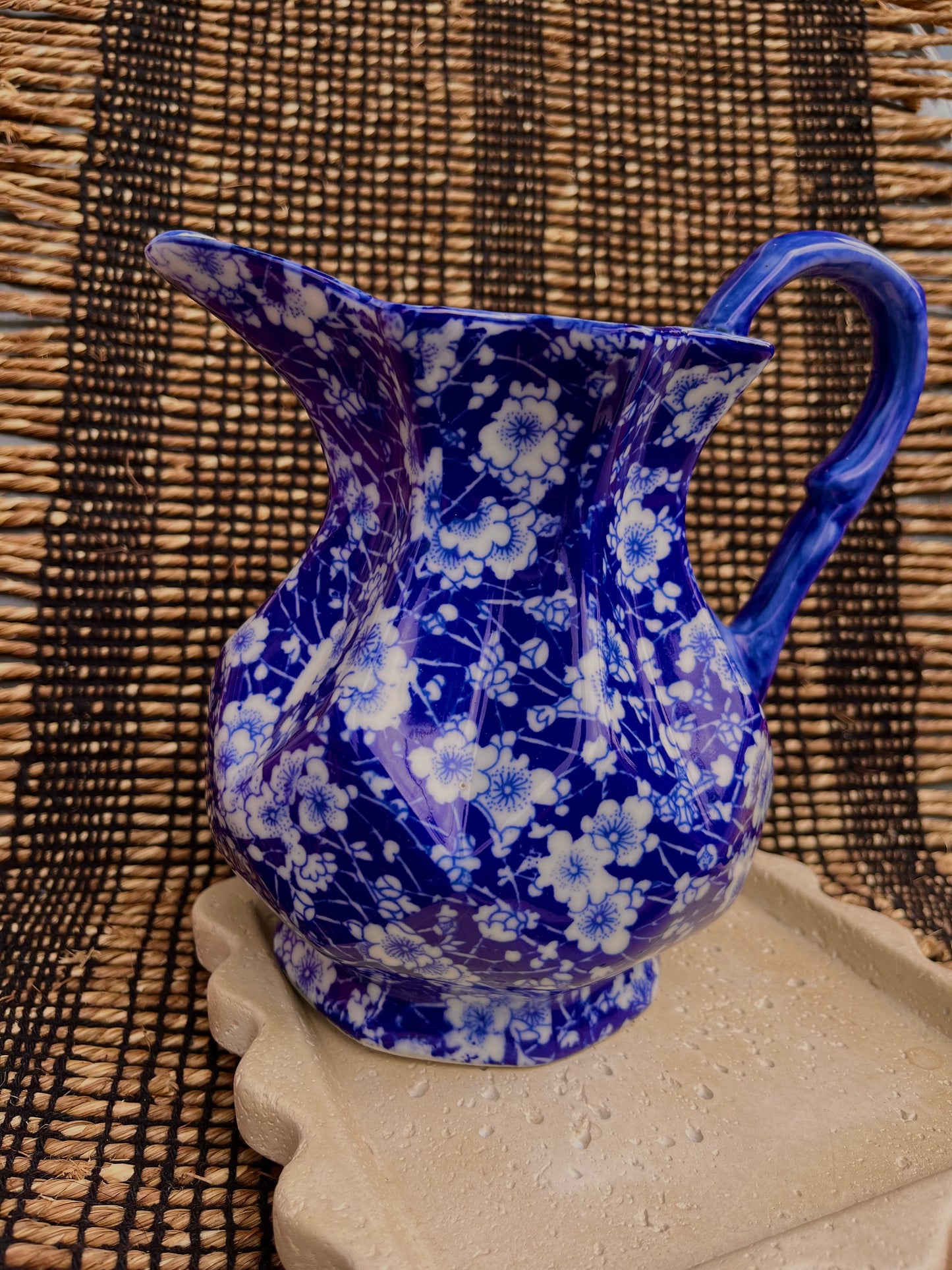 Vintage Victoria Ware Ironstone Pitcher Blue Calico Floral Pattern