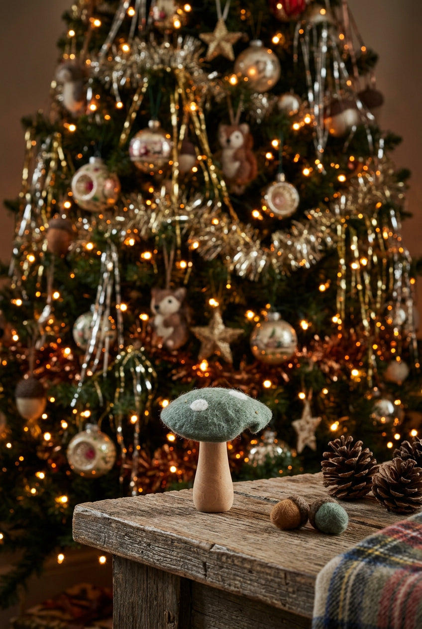 Felted Mushrooms Wooden Stem Ornament