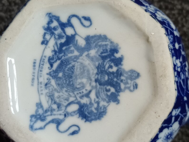 Vintage Victoria Ware Ironstone Pitcher Blue Calico Floral Pattern
