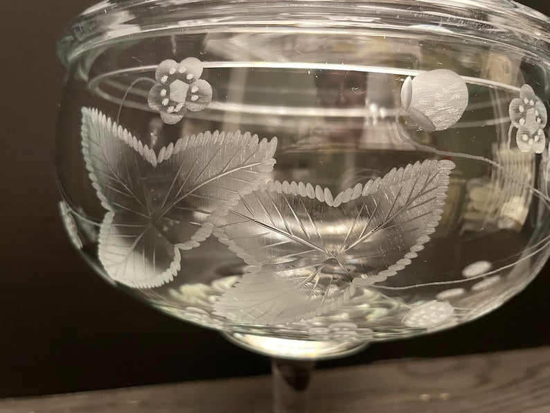 Vintage Glass Etched Strawberry Footed Candy Dish