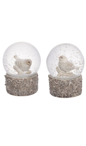 Frosted white snow globes with birds