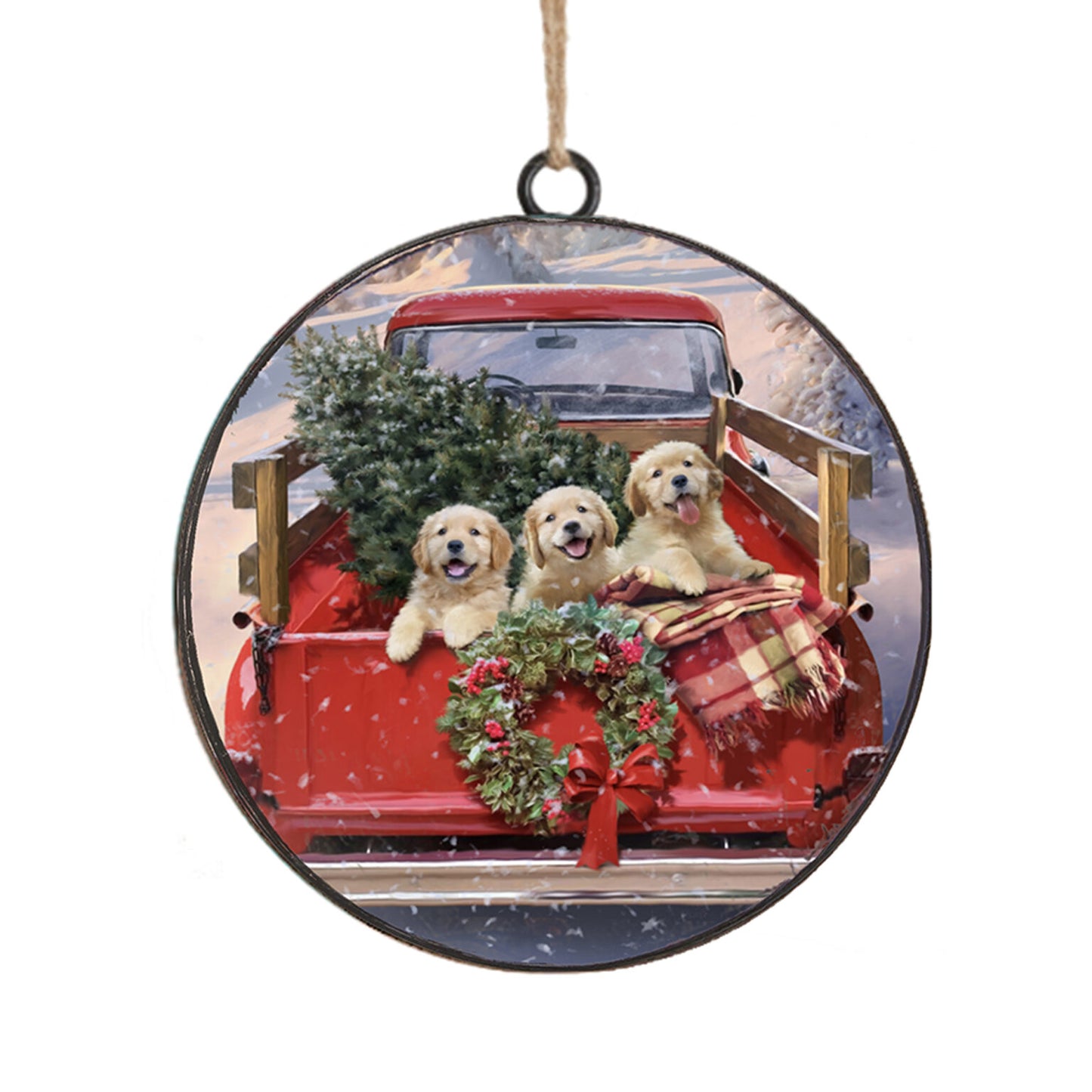 Metal Ornament Truck Bed with Golden Retrievers