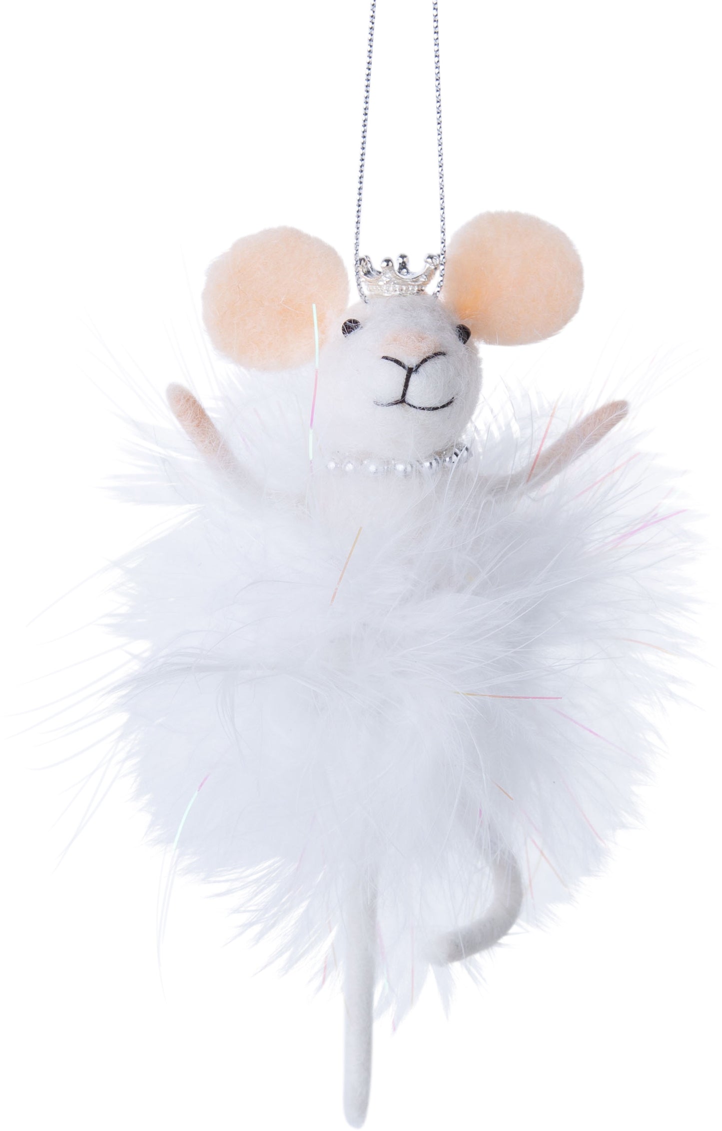 Felted Mouse Ornament, Feathers, Crown and Pearls