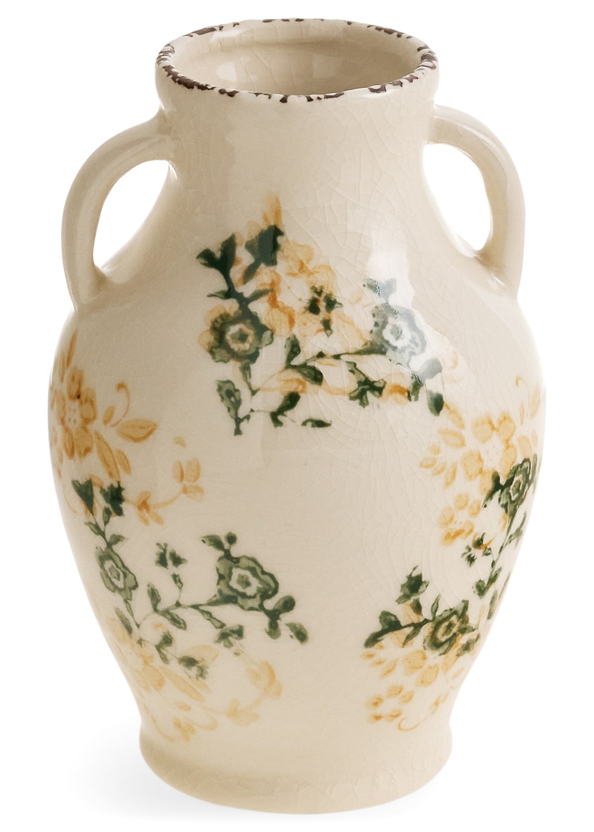 Handled Vase with Cream & Dark Green Floral Design