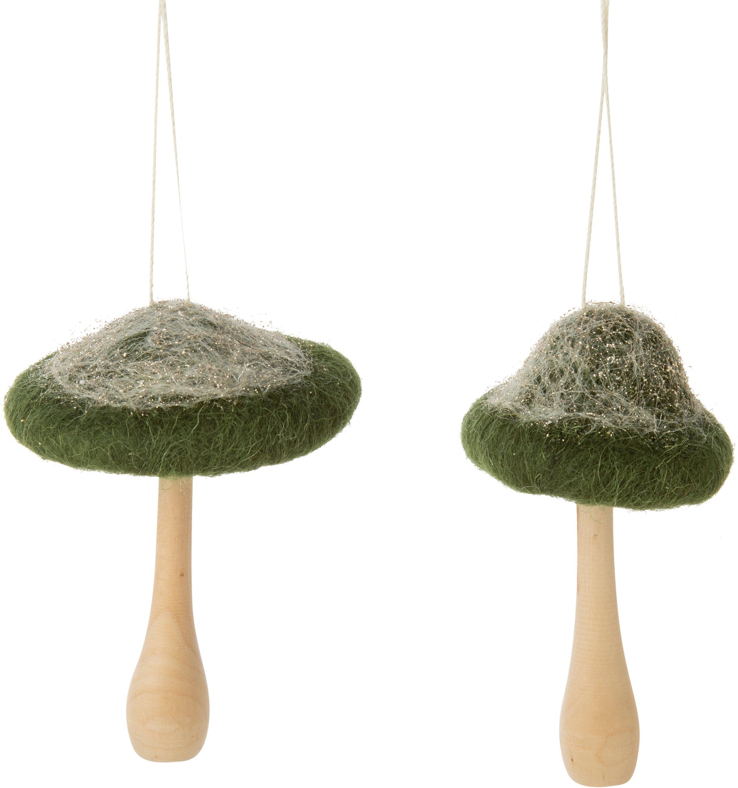 Green & Glittery Felted Wool Mushroom Ornaments