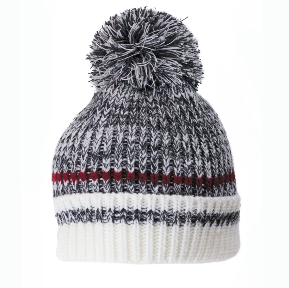 Heathered grey and white with red stripe and pom toque