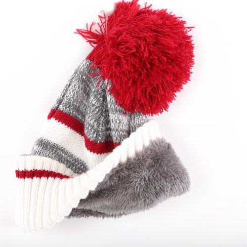 Grey white red striped kid's hat with pom