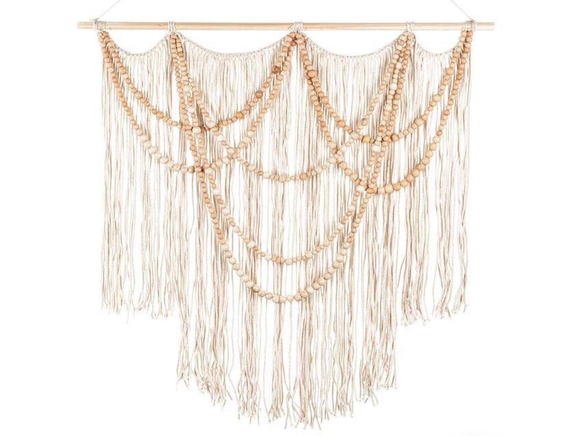 Fringed Macrame Wall Hanging with Beads