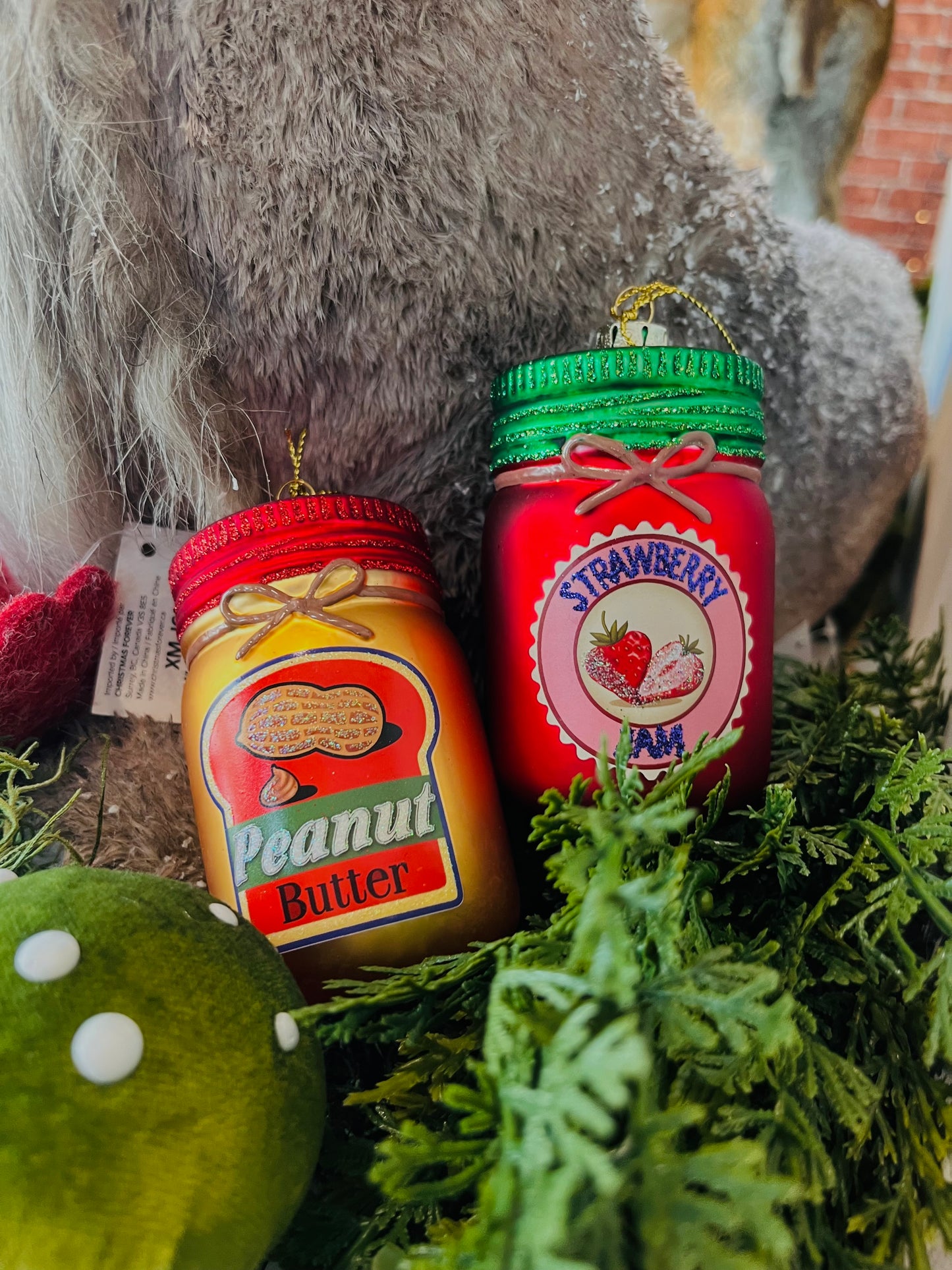 Two Assorted Glass Peanut Butter and Jelly Ornament