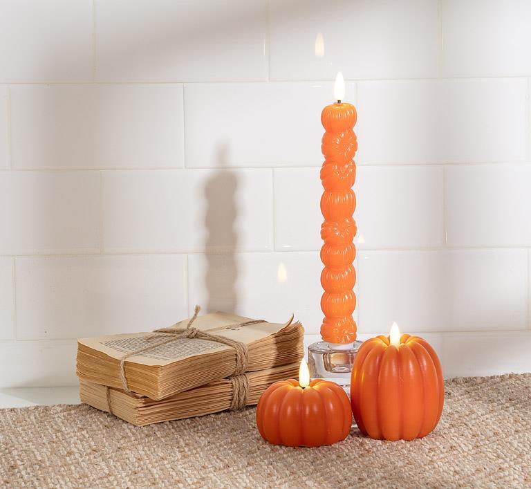 Stacked Pumpkin LED Taper Candles Set