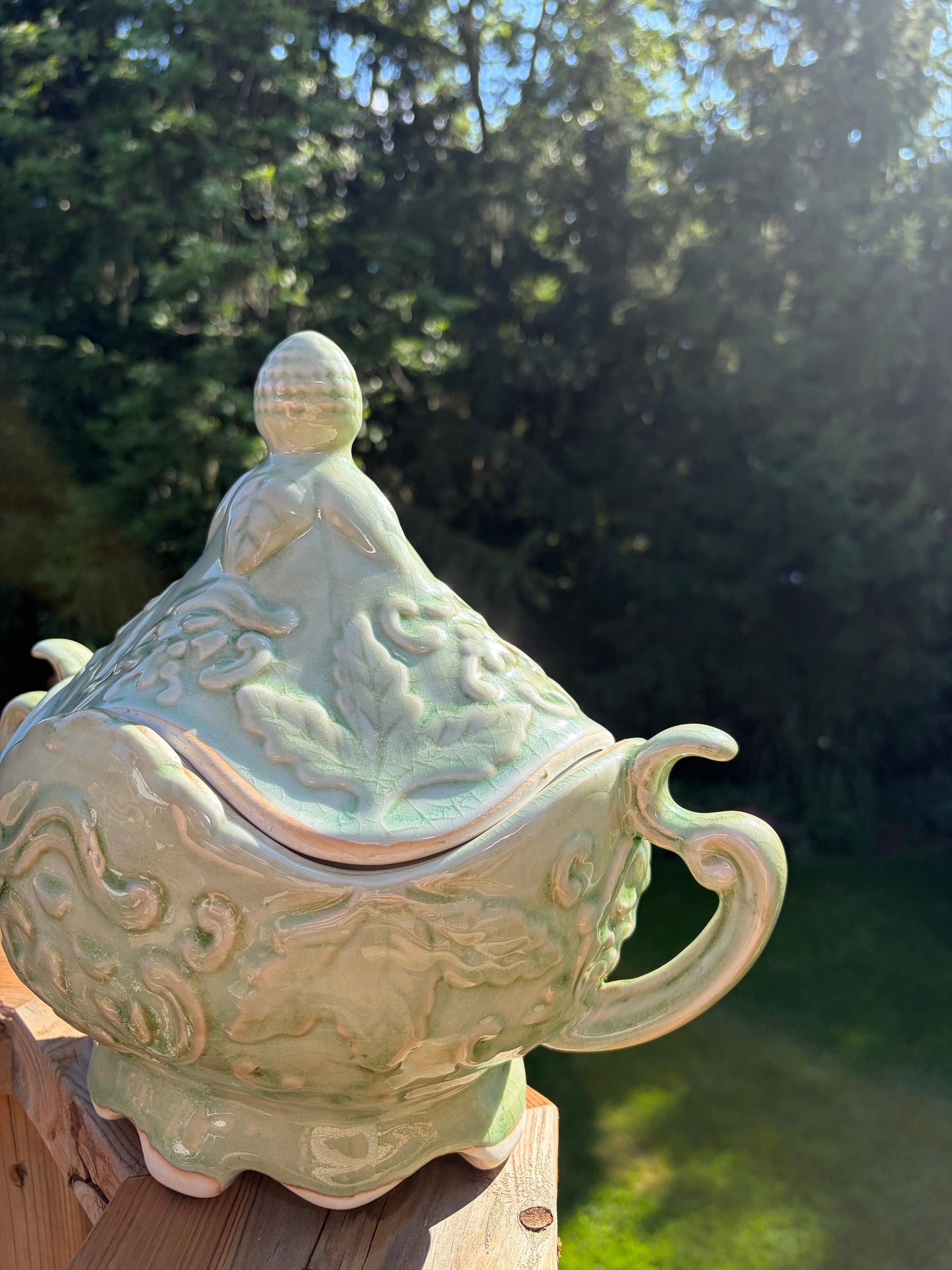 Vintage Majolica Style Celadon Glaze Ceramic Tureen