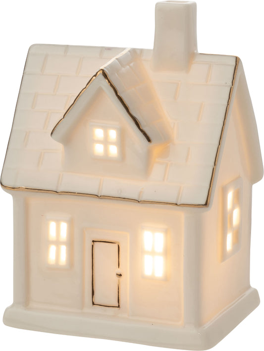 Gold Trimmed White Ceramic LED House