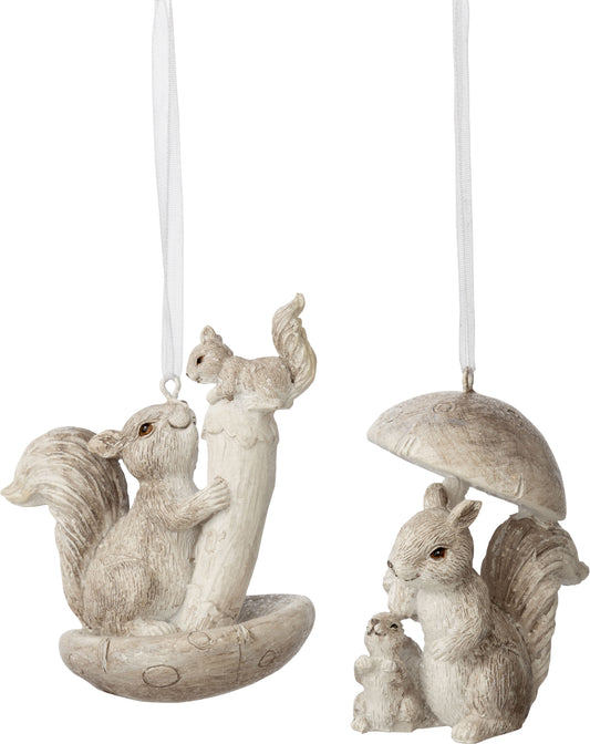 Painted resin squirrels in mushroom ornament