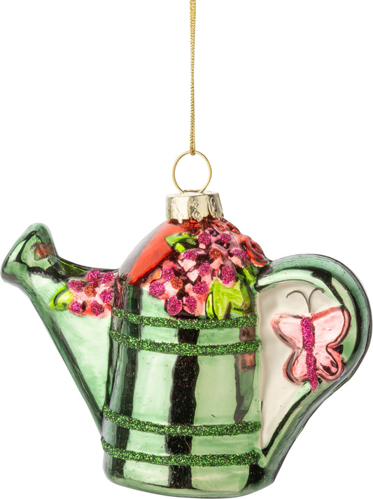 Glass Floral Watering Can Ornament