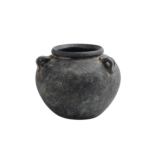 Black Low Round Terracotta Vase