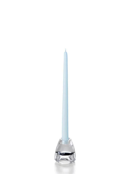 Twelve inch pale blue coloured tapper candle for sale shown on a white background on a clear candle holder. 