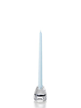 Load image into Gallery viewer, Twelve inch pale blue coloured tapper candle for sale shown on a white background on a clear candle holder. 
