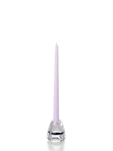 Load image into Gallery viewer, Twelve inch lilac coloured tapper candle for sale shown on a white background on a clear candle holder. 
