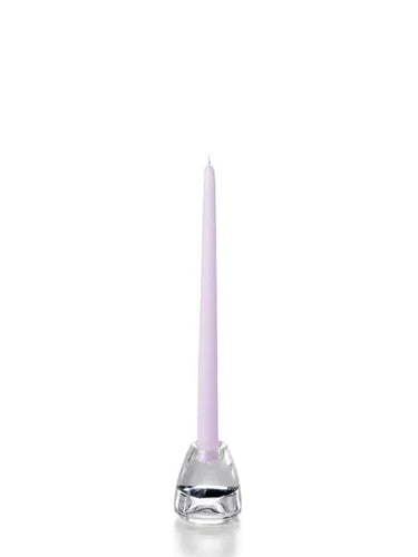 Twelve inch lilac coloured tapper candle for sale shown on a white background on a clear candle holder. 