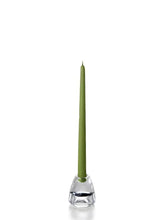 Load image into Gallery viewer, Twelve inch green coloured tapper candle for sale shown on a white background on a clear candle holder. 
