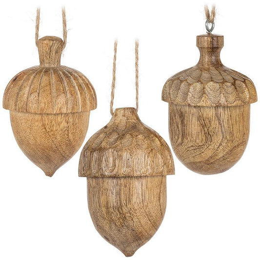 Carved Acorn Ornaments - Set of 3