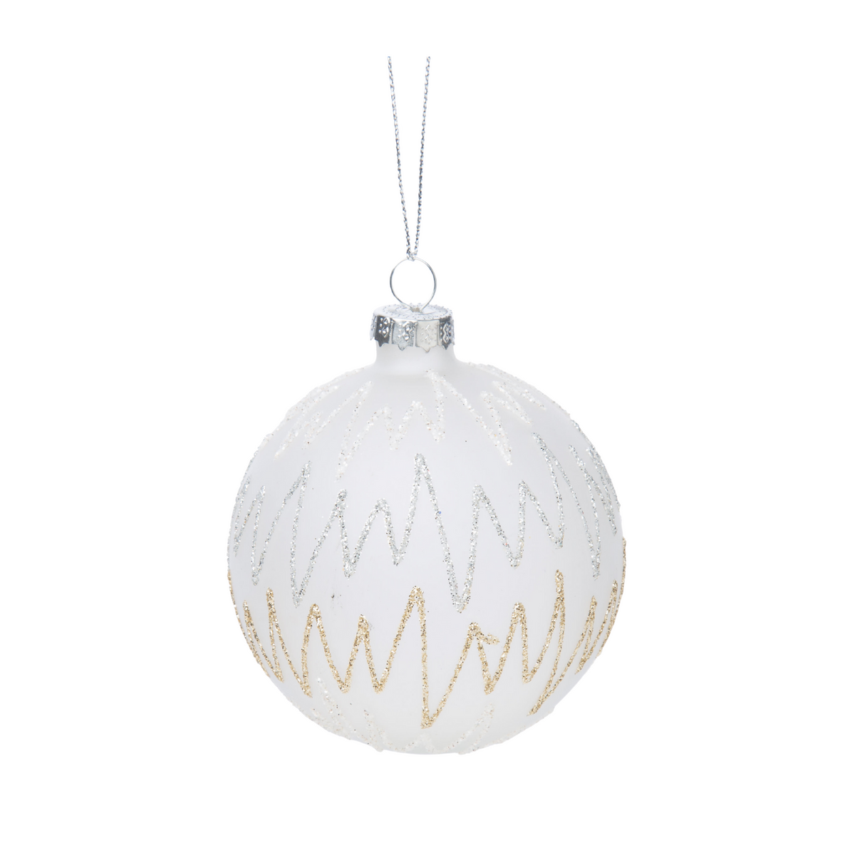 White Glass Ball Ornament With Gold Zig Zags