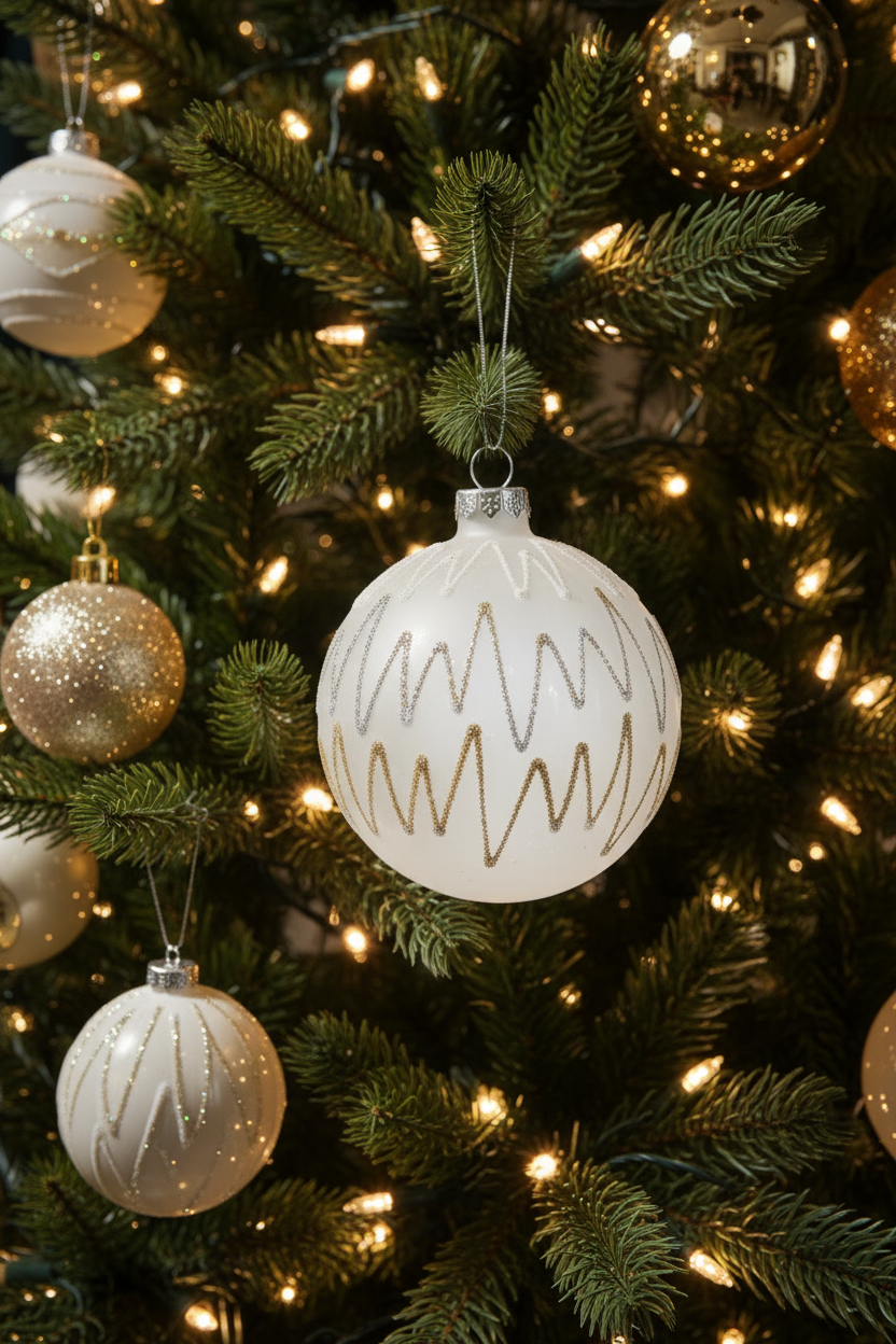 White Glass Ball Ornament With Gold Zig Zags