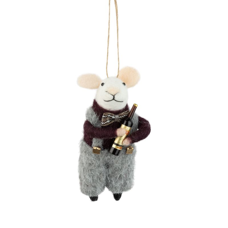 Felt White Mouse Ornament Holding Wine Bottle