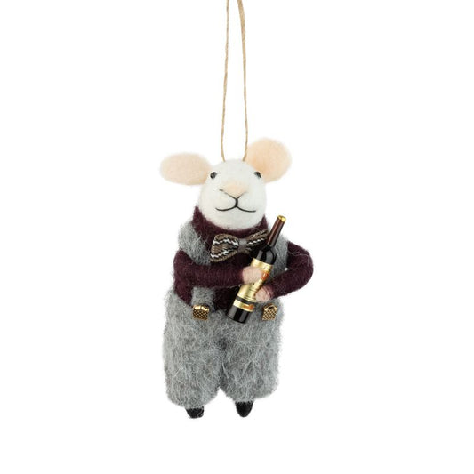 Felt White Mouse Ornament Holding Wine Bottle