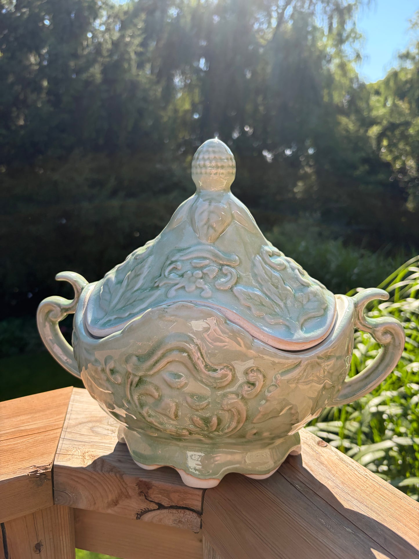 Vintage Majolica Style Celadon Glaze Ceramic Tureen