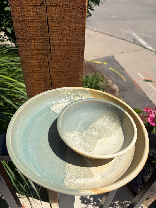Signed Pottery Plate + Bowl Sage Green
