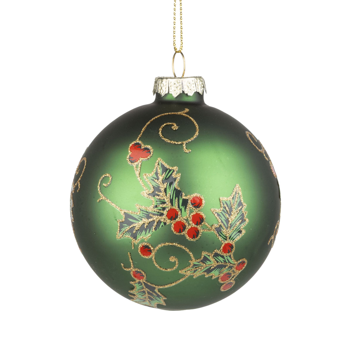 Green Matte Holly & Berry Ball Ornament