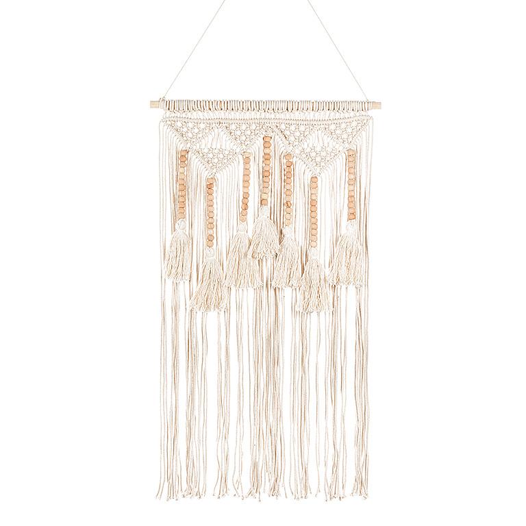 A macrame wall hanging is shown for sale on a white background. It has triangle knot patten at the top with beads hanging down and long tassel ends.