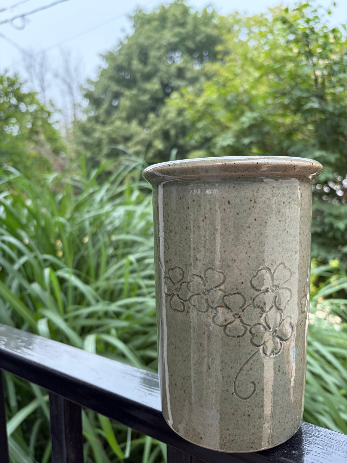 Vintage Speckled Pottery Vase Etched Flowers