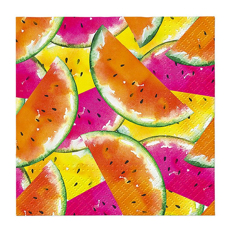Pictured is a paper napkin with orange, pink, and yellow watermelons printed on it