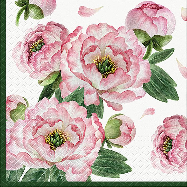 Pictured is a paper napkin with peonies which have a white petals that turn pink at the edges. The napkin has a green border.