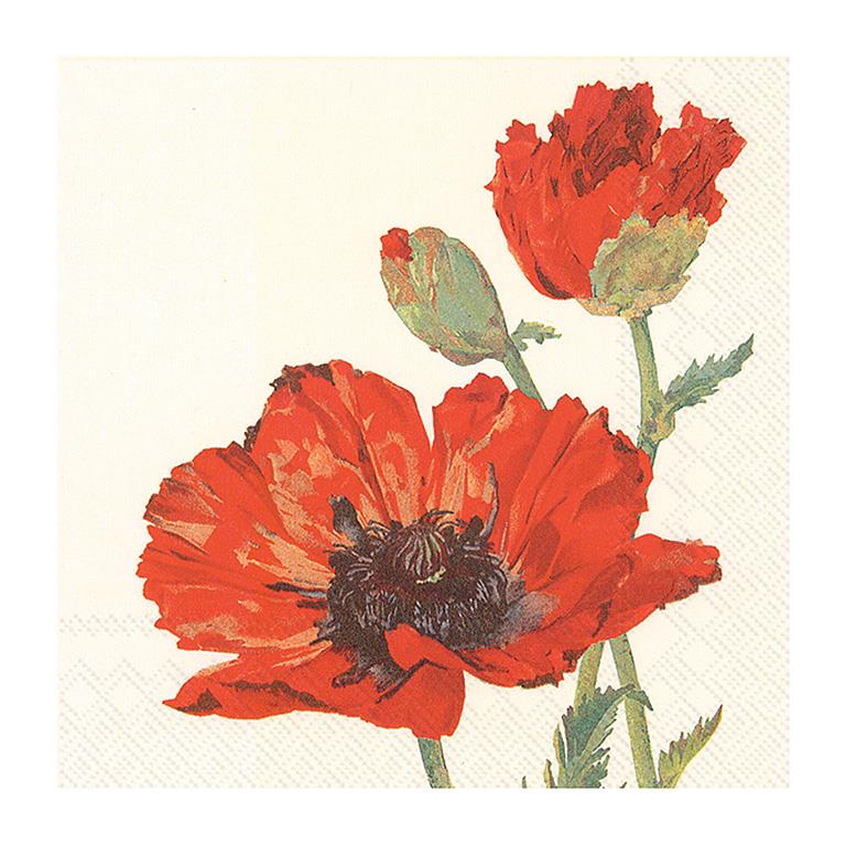 Pictured is a antique white paper napkin with a image of poppy flowers.