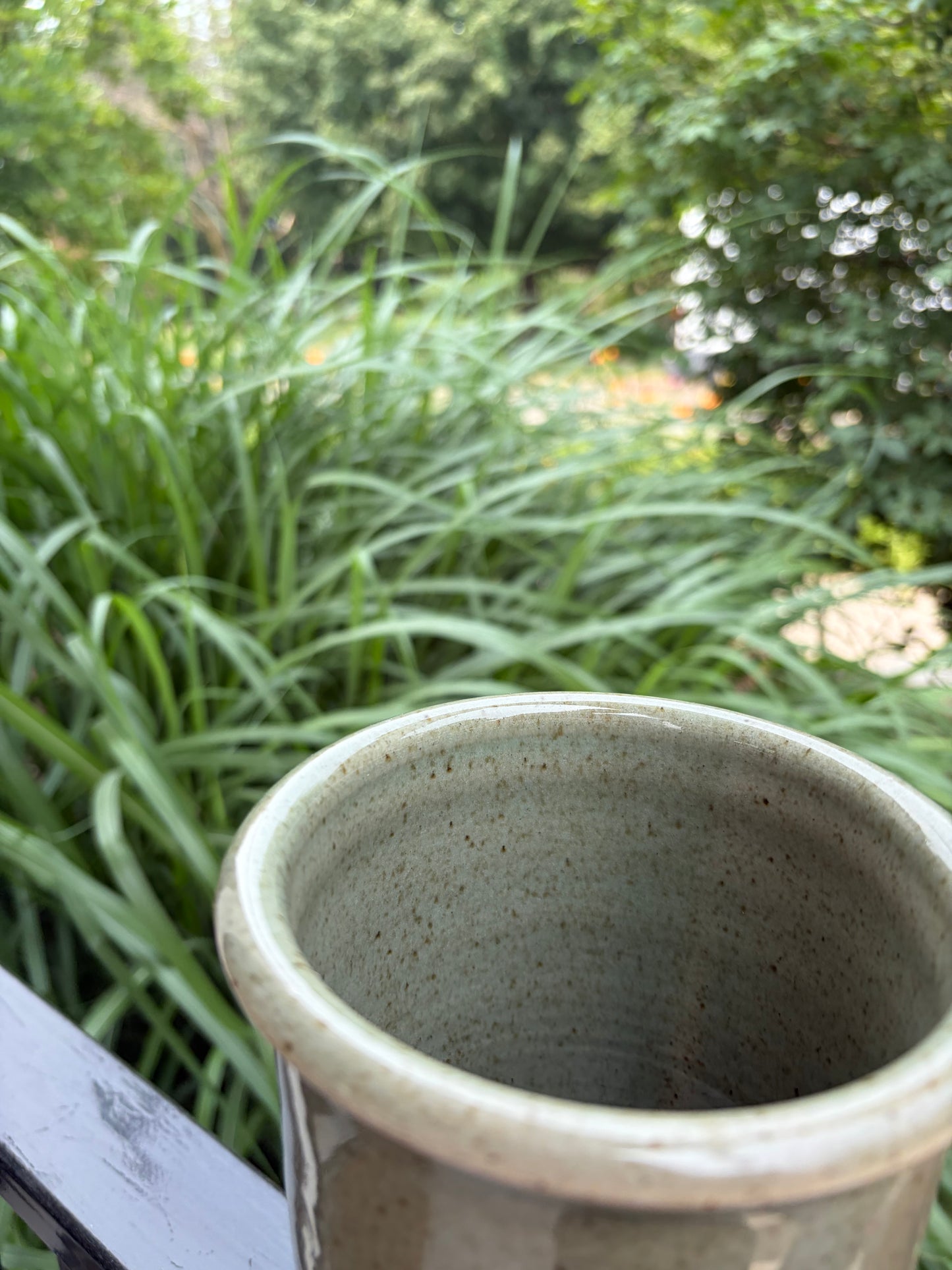 Vintage Speckled Pottery Vase Etched Flowers