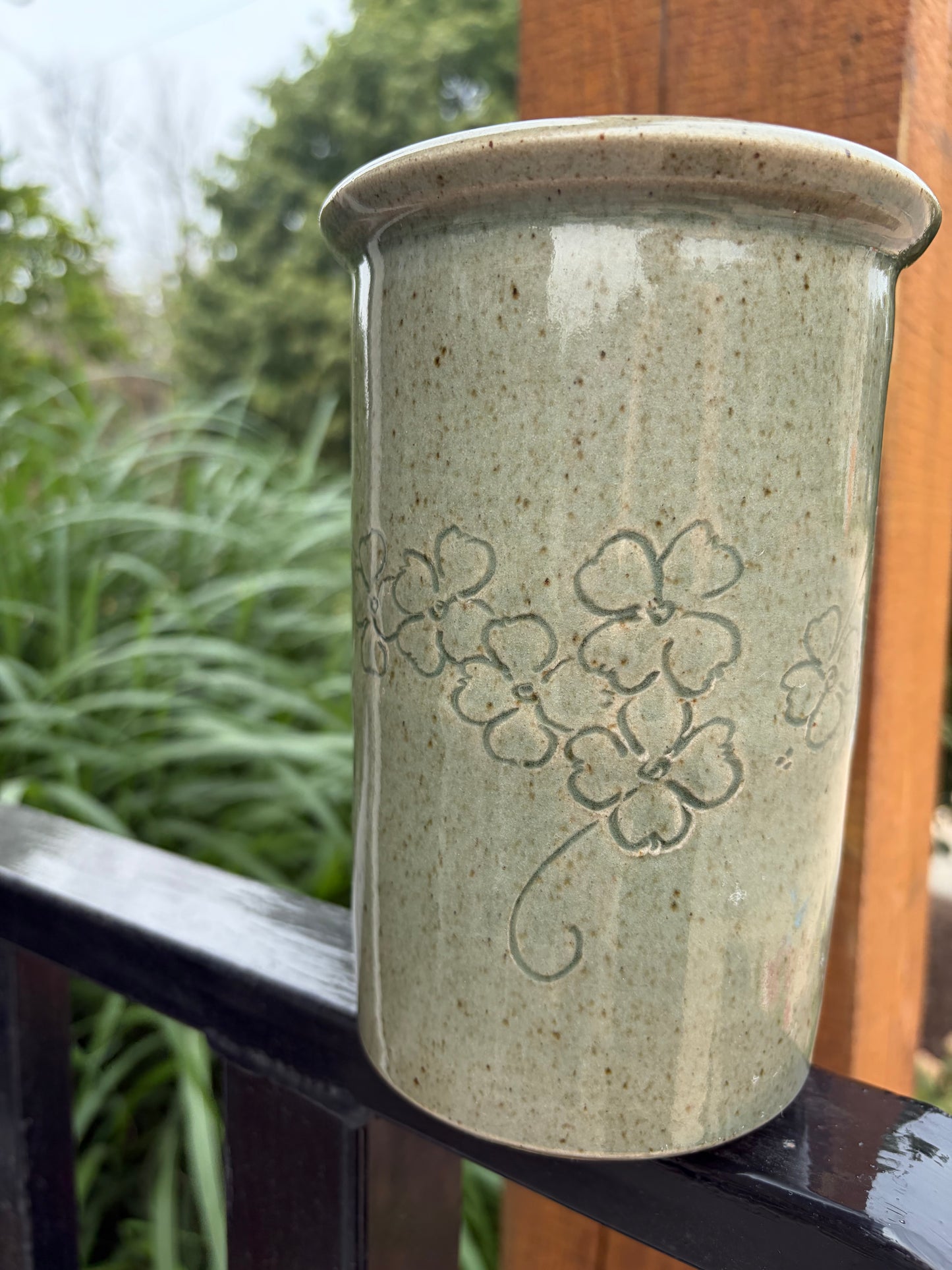 Vintage Speckled Pottery Vase Etched Flowers