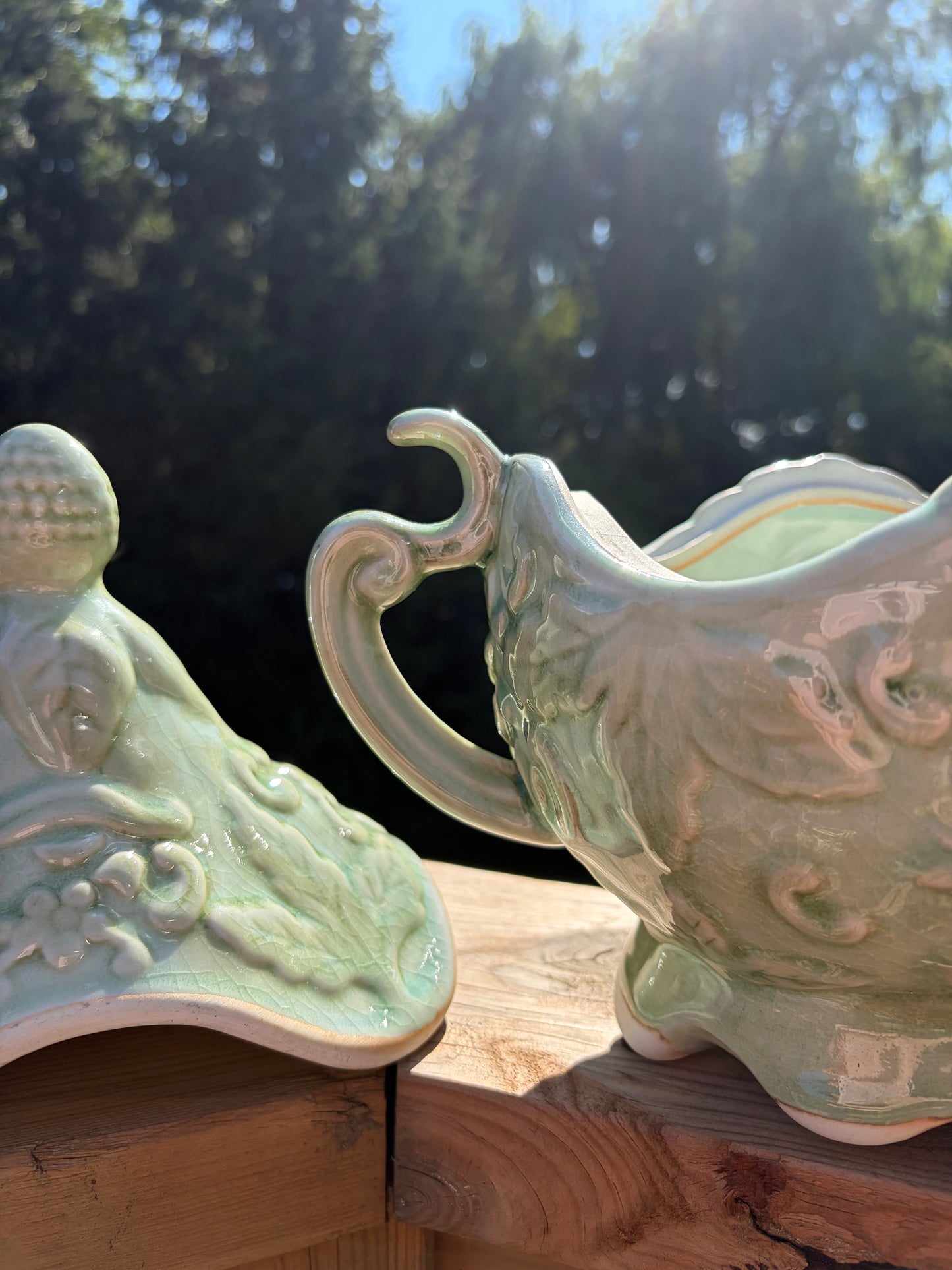 Vintage Majolica Style Celadon Glaze Ceramic Tureen
