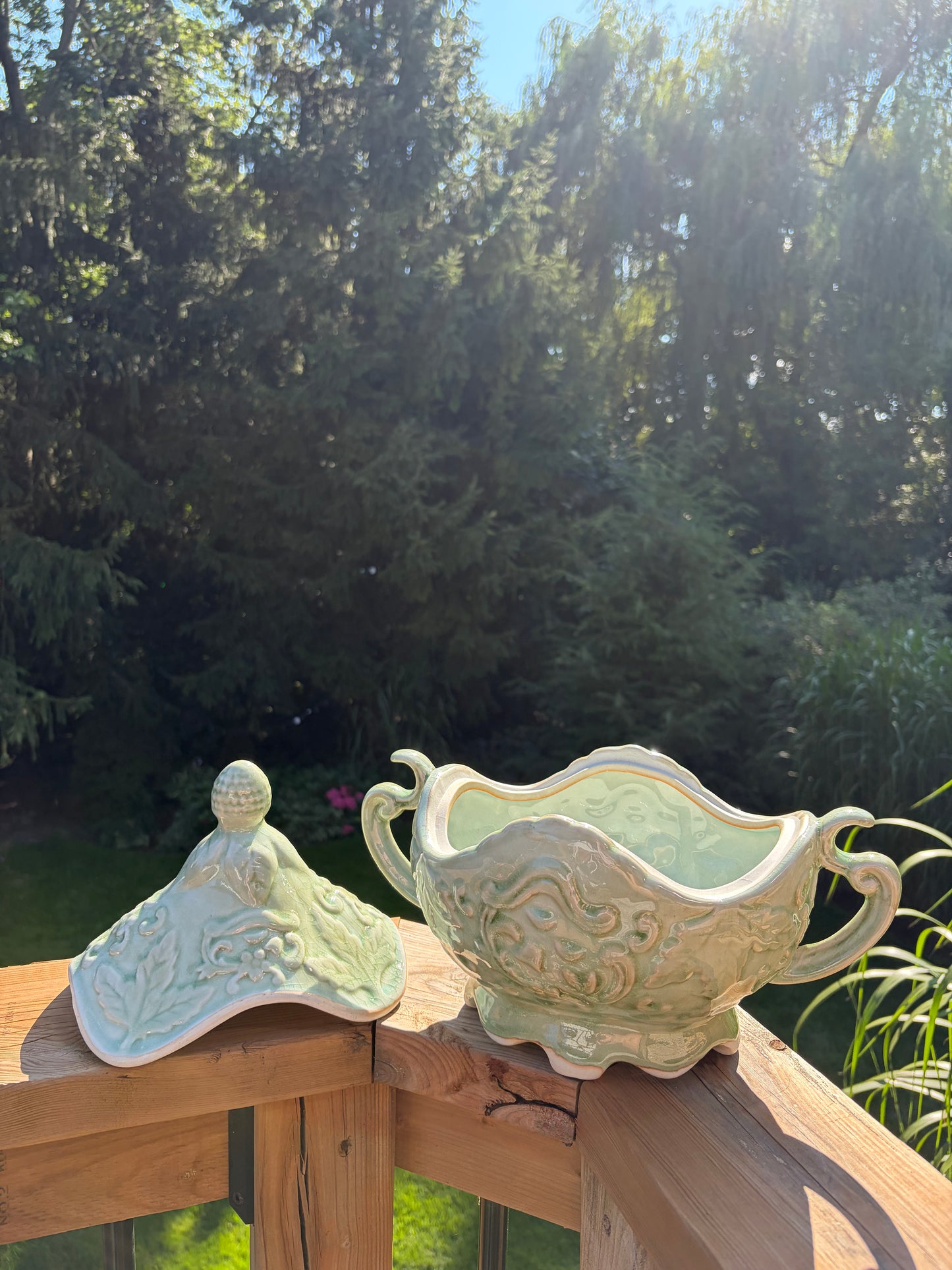 Vintage Majolica Style Celadon Glaze Ceramic Tureen