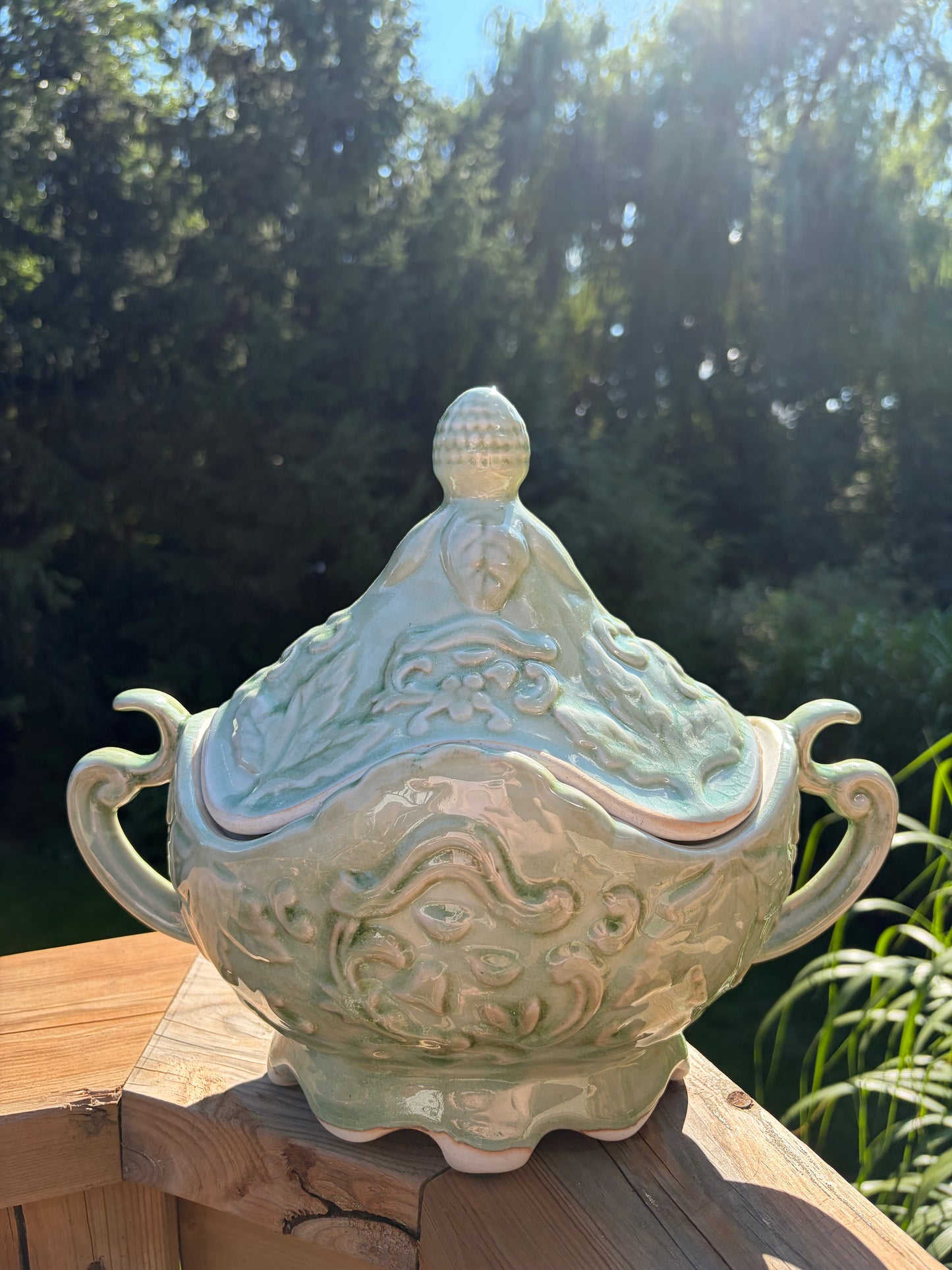 Vintage Majolica Style Celadon Glaze Ceramic Tureen