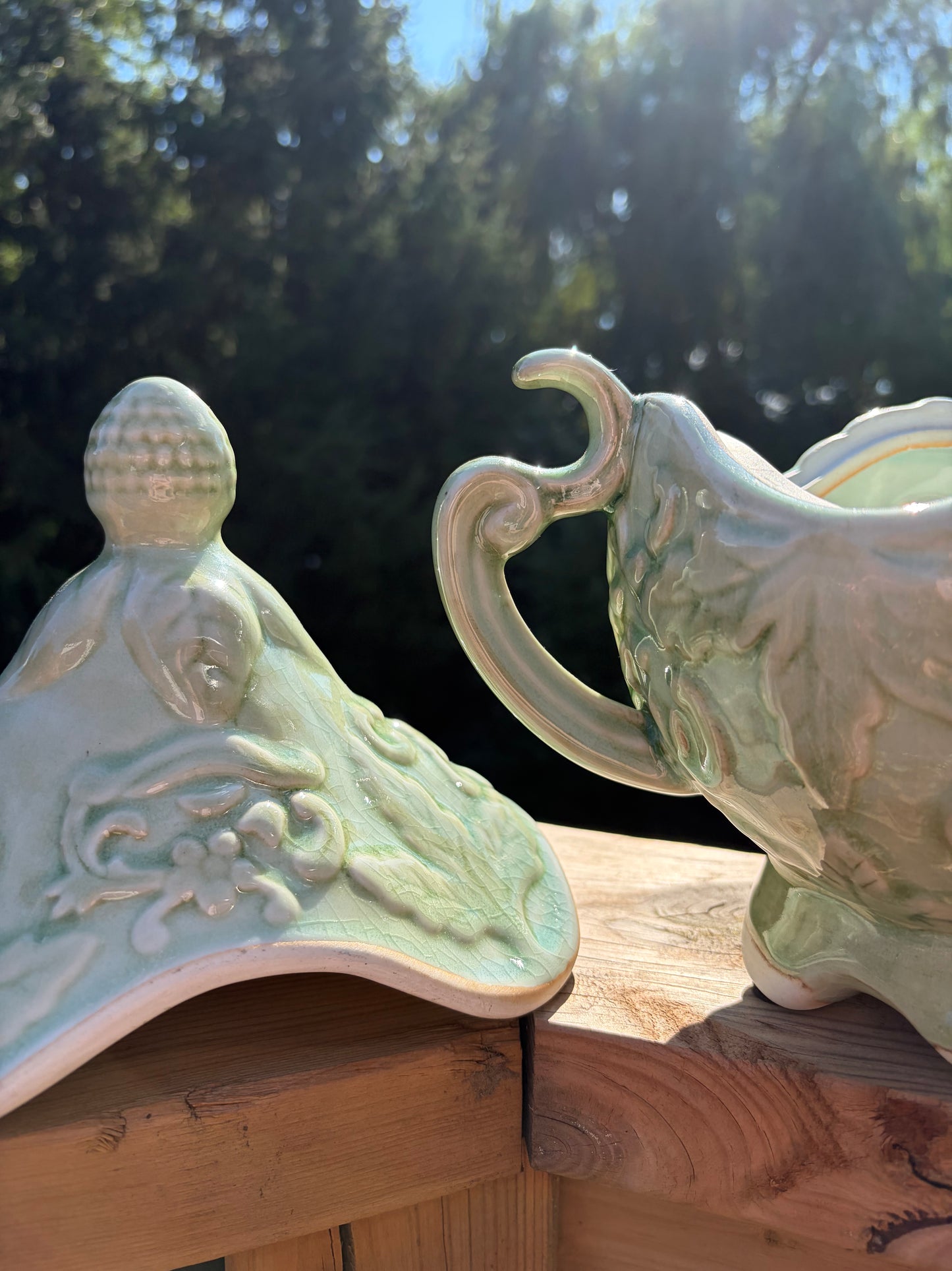 Vintage Majolica Style Celadon Glaze Ceramic Tureen