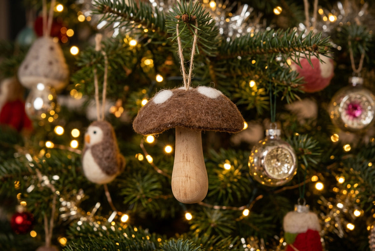 Felted Mushrooms Wooden Stem Ornament
