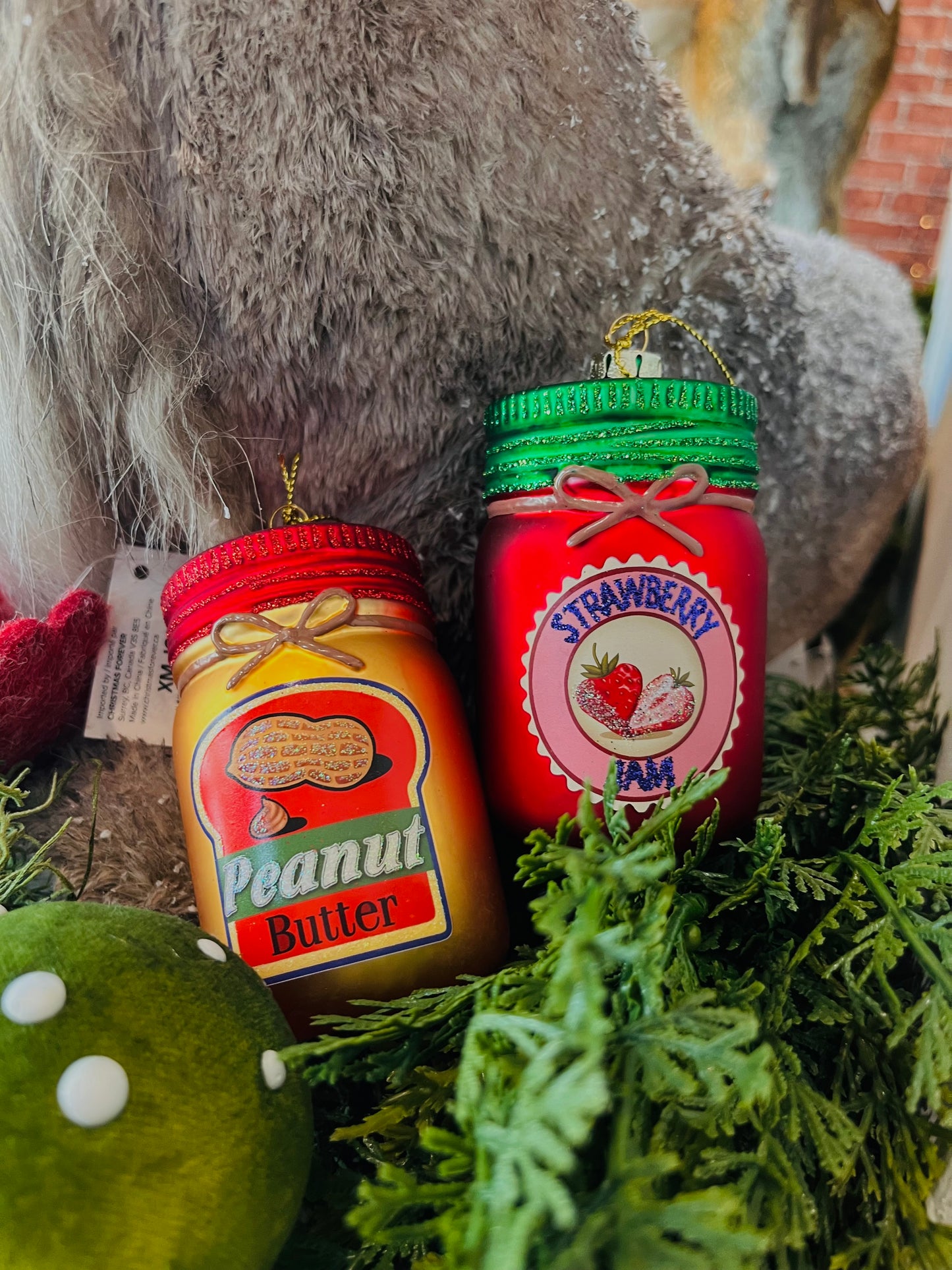 Two Assorted Glass Peanut Butter and Jelly Ornament